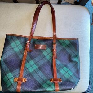 Plaid Tote Bag with Brown Leather Straps